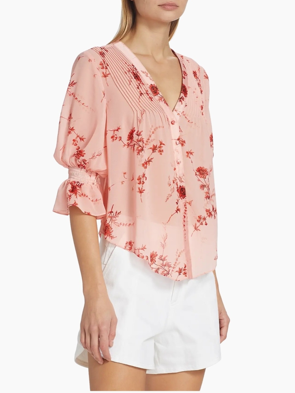 cinq a sept Jennings Floral Pink Blouse with Red Floral Print